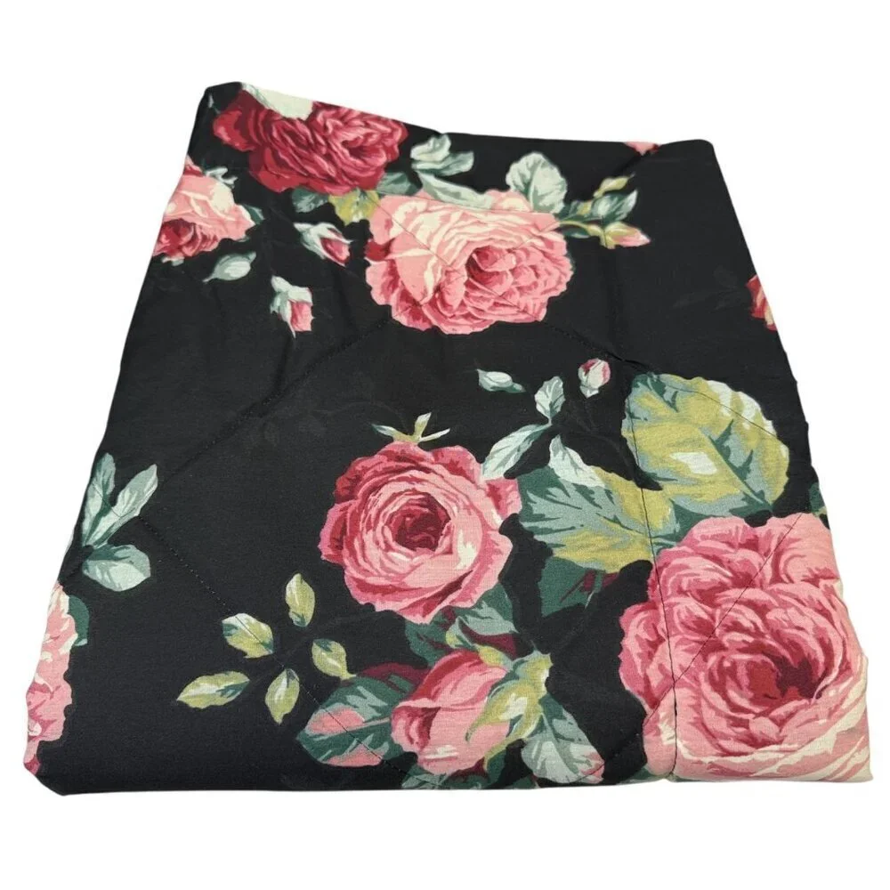 Cabbage Rose Floral Pillow Sham Quilted Black Pink Cotton Blend Pillowcase NEW